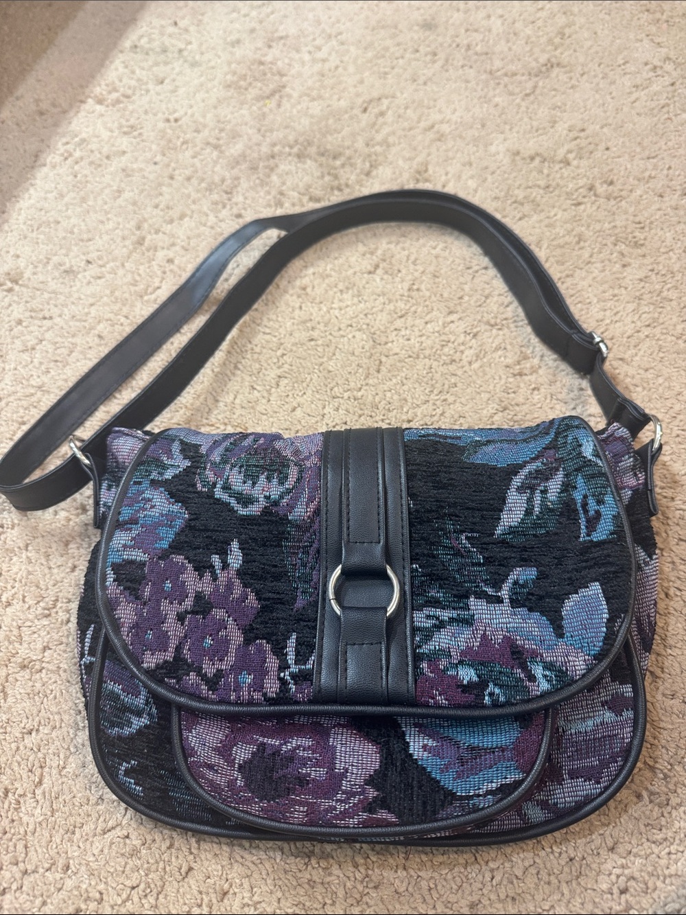 Floral Tapestry Crossbody Bag in Black and Purple